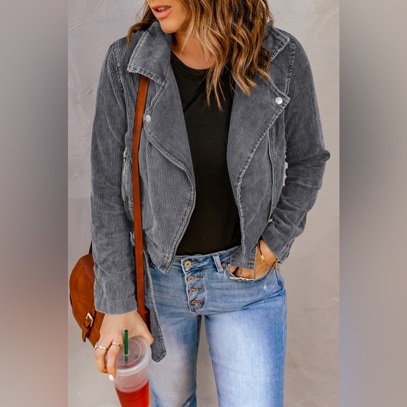 WL Jackets & Blazers - Belted Zip-Up Corduroy Jacket Gray